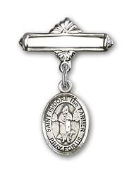 Sterling Silver Baby Badge with St. Isidore the Farmer Charm and Polished Badge Pin