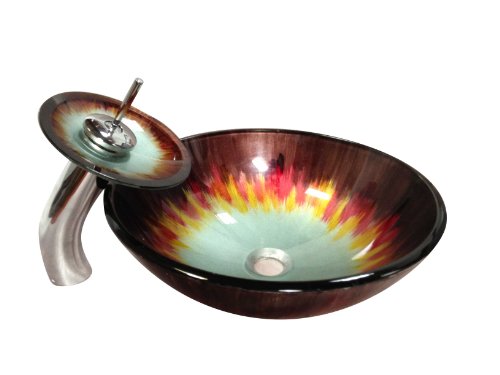 Bathroom Artistic Glass Vessel Vanity Lavatory Sink with Waterfall Faucet,Chrome HP-4153 (Sink Faucet & Drain)