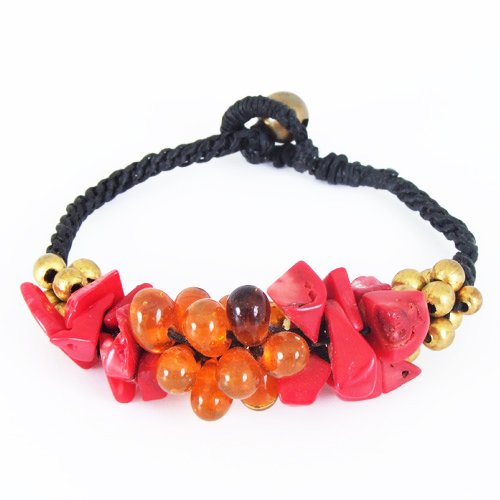Genuine Red Coral Orange Glass and Brass Beads Handmade Bracelet Fashion Jewelry for Women
