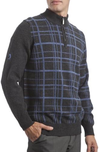 Glenmuir Scotland Men's 100% Lambswool Grid Zip Through Classic Fit Sweater. Made in Scotland-Charcoal-Medium