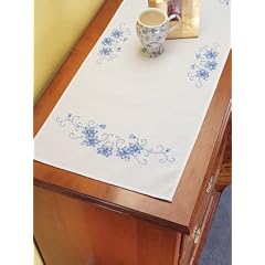 USA Produkt - Blue Floral Dresser Scarf Stamped Cross Stitch-14 X35