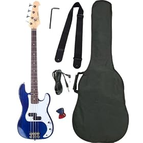 Barcelona Beginner Series Bass Guitar with Gig Bag, Strap, and Accessories - Transparent Blue: Musical Instruments