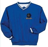 Custom embroidered mean face bowling ball design on nylon windshirt