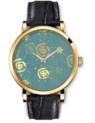 SPRAWL Aanalog Fashion Series Gold Ladies Watches of Genuine Black Leather Strap,Unique Wrist Watch for Women Girls Designed with Drawing of sun in opaque blue background