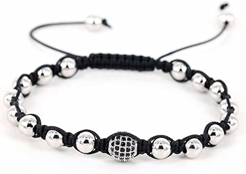 8mm Black Zircon Beads and 4mm Copper Beaded Macrame Bracelet Men White Silver
