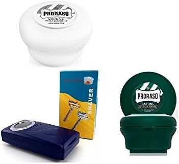 Pro'raso Shave Soap, Sensitive 150 ml + shaving soap menthol and eucalyptus 4oz + Shaving Factory Double Edge Safety Razor, Silver