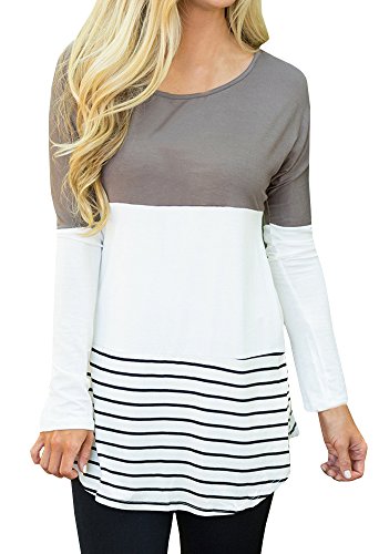 Chellysun Women's Color Block Lace Patchwork Long Sleeve Blouse Top Shirt (Medium, Grey)