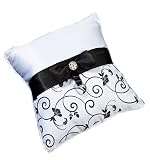 Black and White Wedding Ring Pillow With Bow & Silver Rhinestone