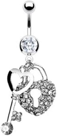 Buyinhouse Belly Button Ring 316L Surgical Steel 14 Guage Navel Belly Button Ring Bar - Silver Key to Heart Style