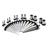 Stainless Steel 316L Ear Tunnel & Taper Stretching Kit 16 Piece 14G-0G & 12 Piece Plug Set 10G-0G (Ear Taper, Ear Stretcher, Ear Gauges, Ear Tunnel)
