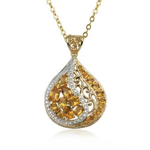 18k Yellow Gold Plated Sterling Silver Citrine and Diamond Pear-Shaped Pendant, 18