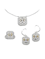 14k Yellow Gold and Sterling Silver Diamond Emerald-shape Jewelry Set
