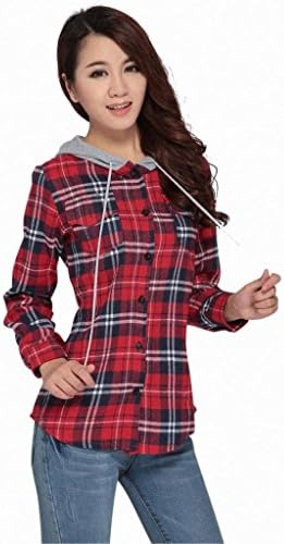 Women's Fashion Plaid Checkered Print Long Sleeve Hooded Tee Shirt Blouse RED S