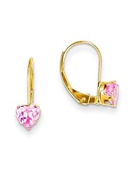 MadiK® 14k Yellow Gold Polished with Heart Shape Pink CZ Leverback Earrings