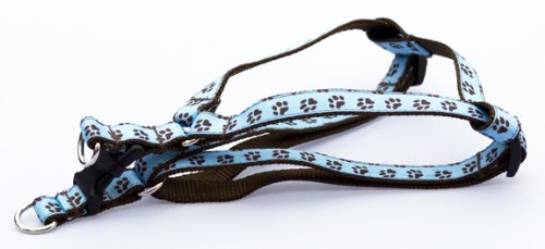 Small Blue/Brown Puppy Paws Dog Harness: 5/8" wide, Adjusts 15 - 21".