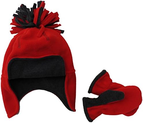 Aspen Supply Toddler & Little Boys' Soft Fleece Winter Earflap Cap & Mittens Set (Ages 2-5) (Red/Charcoal)