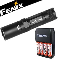 Fenix LD10BK LD10 Max 100 Lumens LED Flashlight Outfit With 4 AA Batteries & Charger