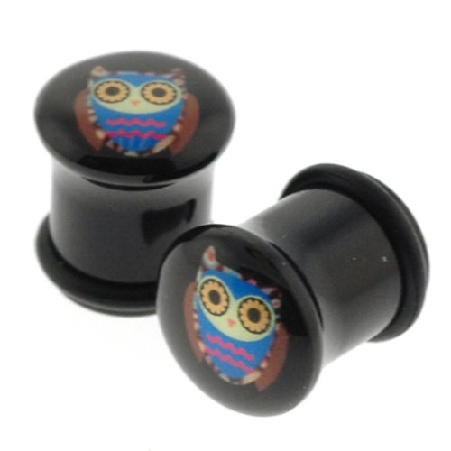 Black Acrylic Single Flare Plugs with Owl Design and O Ring 9/16 (14 mm) Sold as a Pair