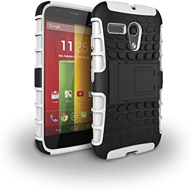 Moto G 1st Generation Case, Hongqing Shop 2 in 1 Dual Layer Drop Protection Design, Black PC Hard Back Cover Combine Multi-color Option TPU Soft Middle Bumper Premium Slim Fit Impact Resistant Protective Armor Rugged Hard Case, Tire Series Armor Defender Protective Tough Dual Layer Protection Case ONLY for Moto G 1st (Gen.) (White)