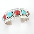 Effie Calavaza Zuni Snake Cuff Bracelet in Sterling Silver, Turquoise and Coral, #8249