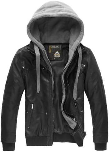 Men's Fashion Faux Pu Jackets Leather Jackets with Removable Hood with Gift