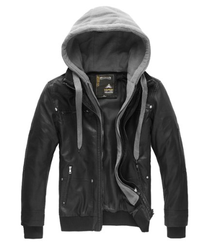 Men's Fashion Faux Pu Jackets Leather Jackets with Removable Hood with Gift
