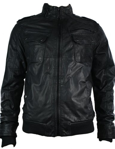 Mens All Leather Urban Retro Bomber Jacket Saints Pocket Black Washed Bestseller