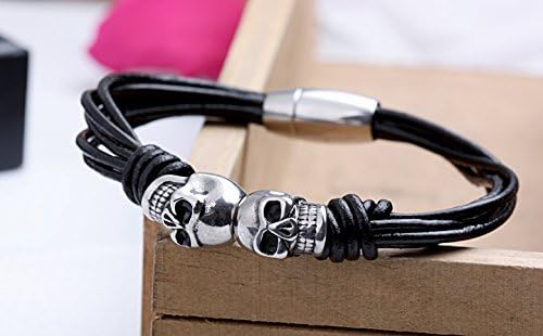 Geminis Fashion Jewelry Double Skull Stainless Steel Buckle Leather Cuff Bracelet