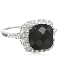 Sterling Silver Onyx and White Sapphire Cushion Cut Ring, Size 7