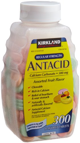 Kirkland Signature Chewable Regular Strength Antacid Calcium Carbonate 500 MG Tablets, 300-Count Bottles (Pack of 2)