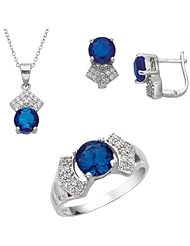 Created Sapphire and Diamond Jewelry Set in Sterling Silver Includes Matching Ring, Earring and 18 Inch Pendant Necklace