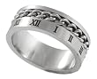 Stainless Steel Brushed Satin Roman Numeral Design Flat Band with Embedded Chain