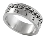 Stainless Steel Brushed Satin Roman Numeral Design Flat Band with Embedded Chain