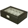 Watch Box for 10 Watches Black Finish Glass Window Extra Clearance Large Cushions Silver Tone Hardware Slide Lock Watch Box for 10 Watches Black Finish Glass Window Extra Clearance Large Cushions Silver Tone Hardware Slide Lock