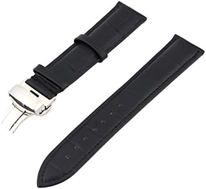 LOVE RIOO Genuine Leather Lightweight Watch Strap Waterproof Watchband with Stainless Steel Butterfly Clasp 20mm Black Color