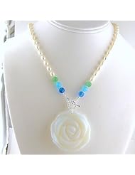 Carved Opalite Flower Pendant Freshwater Pearl Lariat Sterling Silver Toggle Necklace