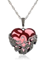 Sterling Silver Oxidized Marcasite and Gemstone Colored Glass Filigree Heart Pendant Necklace, 18"