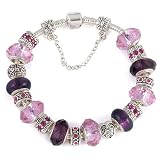 High Quality Purple & Pink Charm Bracelet Has 18 Beads: Purple Handblown Lampwork and Crystal Beads, 'Mom' Heart Bead, Safety Chain - Pandora-compatible Bracelet Opens so Beads CAN Be Changed in Pink Gift Box.
