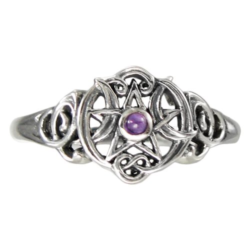 Sterling Silver Heart Pentacle Pentagram Wiccan ring jewelry Amethyst (sz 4-15)