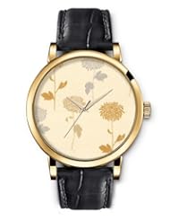 SPRAWL Aanalog Fashion Series Gold Ladies Watches of Genuine Black Leather Strap,Unique Wrist Watch for Women Girls Designed with Chrysanthemum flowers on beige background