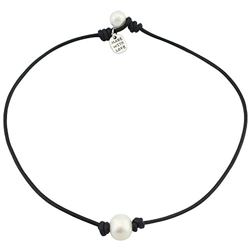 Cultured Freshwater Single Pearl Choker Necklace on Genuine Black Brown Leather Cord Jewelry for Women 18''