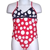 IMAGE OF Claesen's Girls One-piece Red, White and Blue Polka Dot Swimwear with Free Waterproof Tattoos - Size 4 Small (4-5 Years)