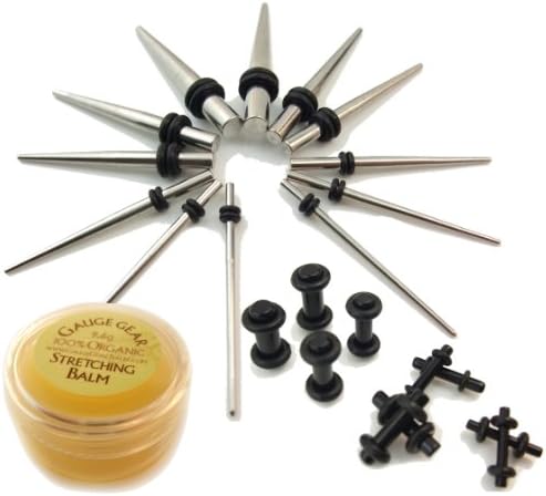 The Defy PLUS Starter Kit Now Featuring Gauge Gear Stretching Balm ~ 22 Total Pieces ~ 12 Pc 316L Stainless Steel Ear Stretching Taper Kit 16g-6g Gauges WITH 10 Pc Black Acrylic Plugs 14g-6g Gauges