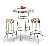 IMAGE OF Chrome Bar Table & 2 Chrome Rainbow Polka Dots Fabric Seat Barstools