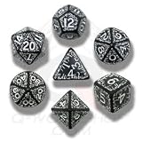 Q-Workshop Polyhedral 7-Die Set: Carved Elven Elvish Dice Set (Black and White)
