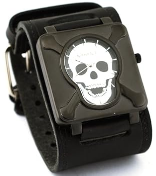 Nemesis #KIN930KK Men's Black IP Stainless Steel Skull Face Dial Wide Leather Cuff Band Watch
