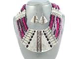 Beautiful XX-Large Icon Collection Purple 8-Layered Tribal Necklace and Earrings Set on Purple Beaded Chain Silver Tone