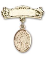 Gold Filled Baby Badge with Our Lady of Peace Charm and Arched Polished Badge Pin