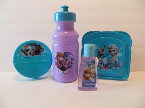 Disney Frozen Ana Elsa Olof Snacktime Meal Set Zak (4 Pieces) BPA Free Sandwich Container, Snack Round Container, Pop Up Water Bottle, Hand Cleansing Gel Gift Set