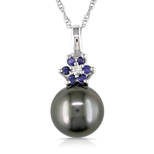 10k White Gold Black Tahitian Cultured Pearl with Diamond and Sapphire Accent Pendant (0.023 cttw, H-I Color, I2-I3 Clarity), 17"
